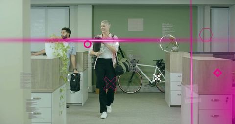 Senior Worker Embracing Office Wellness with Cycling and Yoga