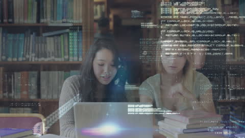 Students Analyzing Data with Digital Overlay in Library