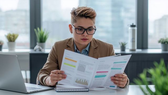 Focused professional reviewing multi-page financial report at office desk with laptop