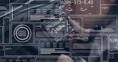 Business executive tapping smartphone viewing layered HUD dashboards and analytics dial