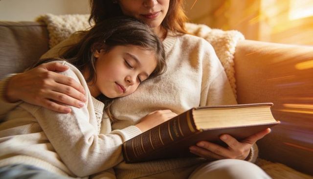 Mother cradling daughter sleeping on sofa with book and golden sunlight, cozy family moment