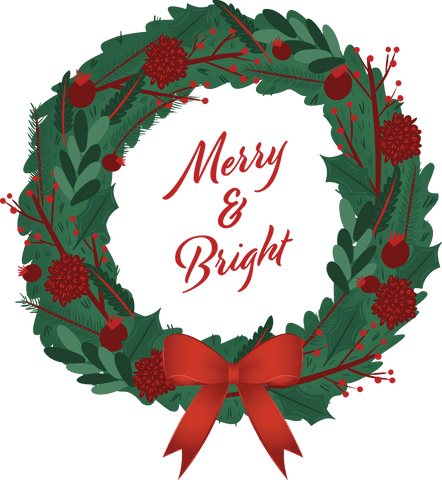 Transparent Christmas Wreath with Merry and Bright Text
