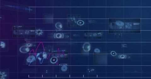 Neon data hud dashboard with animated translucent panels and magenta-cyan waveform +1.53%