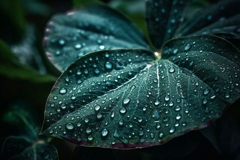 Cover background dew-studded tropical leaf on a rainy day