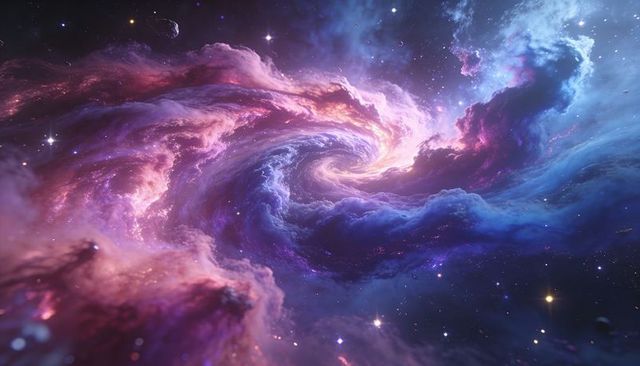 Swirling cosmic nebula vortex glowing core revealing colorful interstellar gas and stars