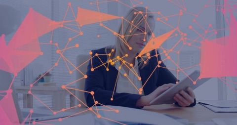 Professional Woman Holding Tablet with Digital Network Overlay