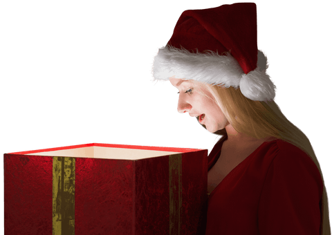 Festive woman in santa hat holding glowing transparent gift box