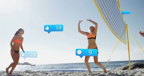 Beach Volleyball Players Spiking And Streaming Social Likes And Comments