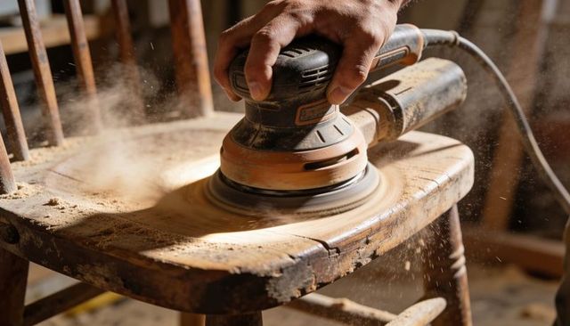 Hand sanding worn wooden chair seat with orbital sander creating clouds of sawdust