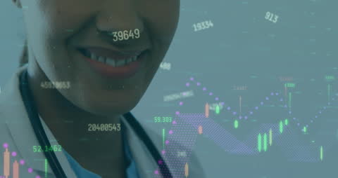 Smiling Doctor with Financial Data Overlay Symbolizing Healthcare Growth