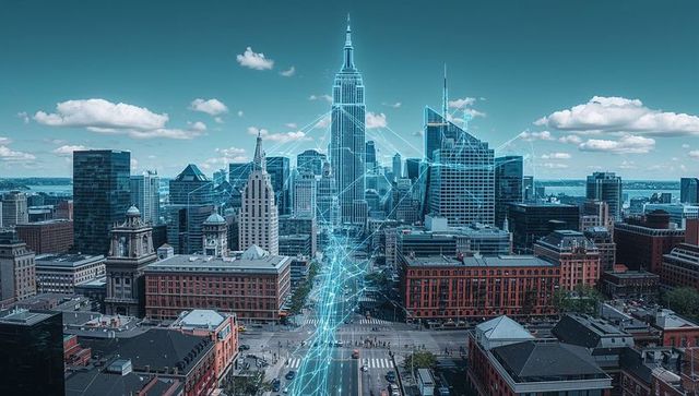 Tracing neon-blue network connecting historic art deco tower and modern glass skyline