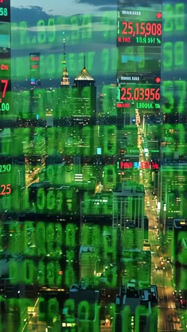 Vertical skyline video featuring green code cascade over illuminated spire and red tickers