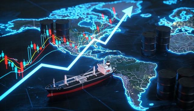 Global oil market uptrend showing cargo tanker, barrels and neon candlestick chart overlay