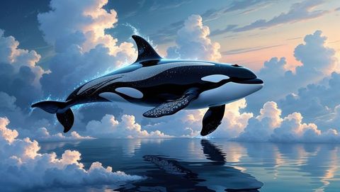 Majestic Orca Whale Gliding through Air with Reflected Clouds