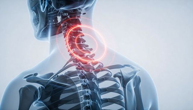 Translucent upper torso highlighting cervical vertebrae and neck pain with red target rings