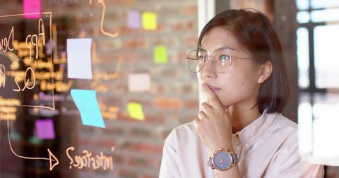 Thoughtful Asian Businesswoman Brainstorming at Office Glass Wall - Download Free Stock Images Pikwizard.com