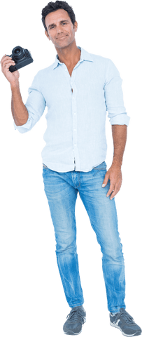 Transparent full length portrait of man holding camera
