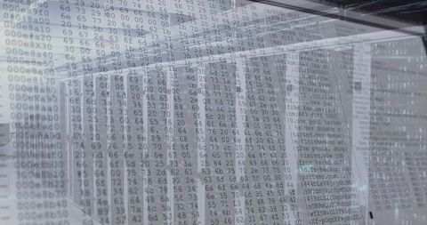 Server Rack Corridor Showing Hexadecimal and ASCII Overlay, Futuristic Blue Data Center