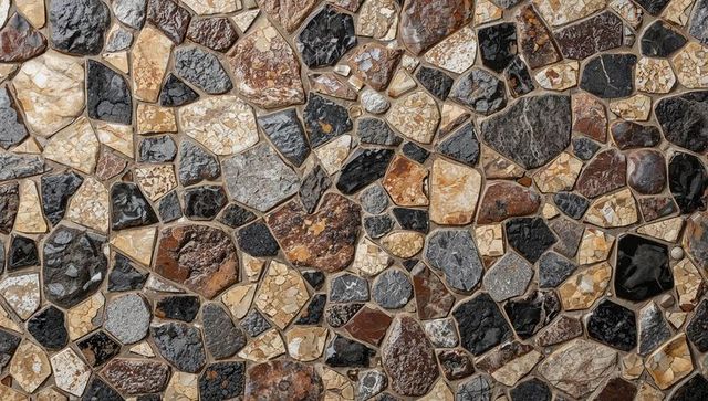 Polished stone mosaic close-up showing tessellated marble and granite foyer flooring