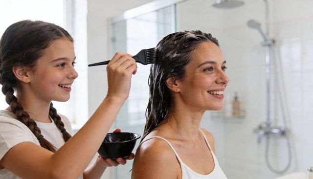 Daughter applying hair dye while smiling during mother-daughter at-home hair coloring bonding