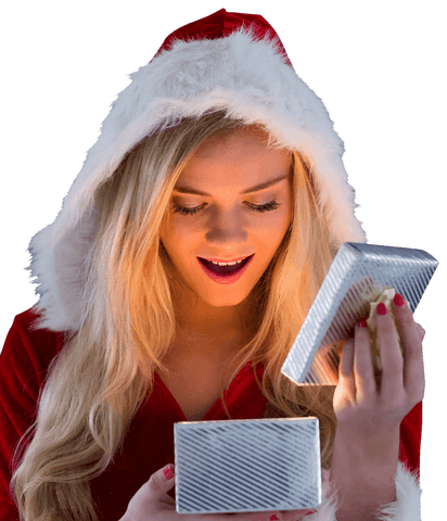 Excited woman opening christmas gift on transparent background