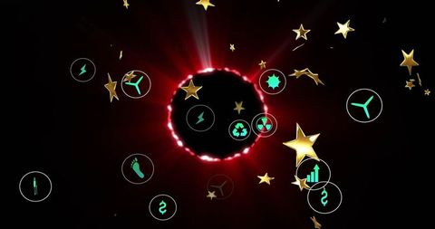 Red halo black void surrounded by neon green eco icons and floating gold stars, futuristic