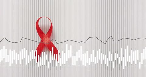 Red awareness ribbon with audio waveform and ecg line over vertical striped texture