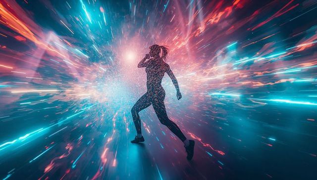 Woman Running Through Futuristic Neon Tunnel