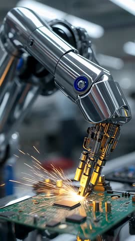 Vertical video: Robotic arm welding circuit board, sparks flying, precision electronics assembly