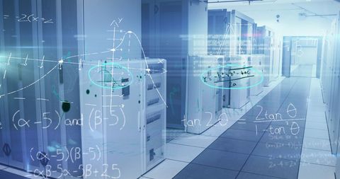 Mathematical equations overlaying a network of computer servers