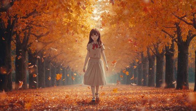 Tranquil autumn walk with falling leaves