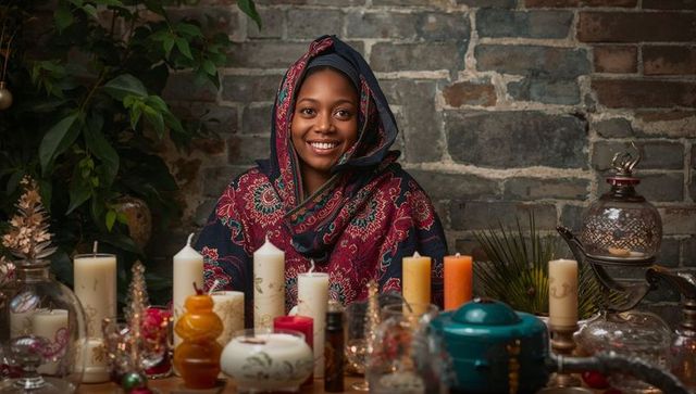 Smiling woman in headscarf surrounded by cozy candles