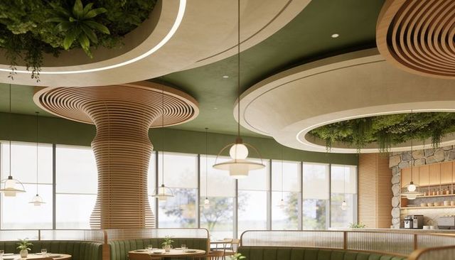 Biophilic cafe interior with fluted wooden column and circular ceiling planters