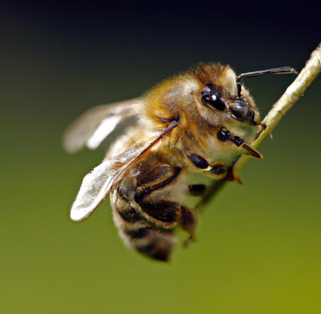 Image of macro of honeybee with detail perched on twig on green background. Nature, bees, insects and beauty in nature concept.