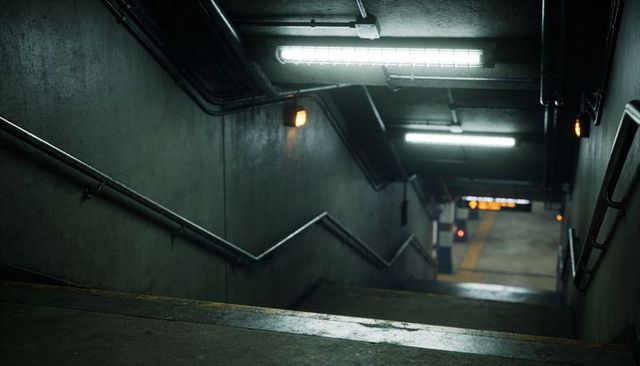 Descending Underground Staircase with Zigzag Handrails and Moody Fluorescent Lighting, Worn Steps