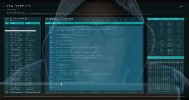 Image of data processing on computer screens over male hacker in hood. global technology, online security, cybercrime and programming concept digitally generated image.