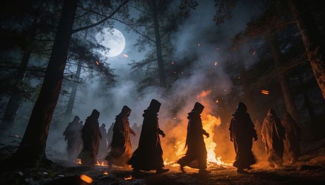 Circling hooded ritual procession around bonfire under full moon in pine forest