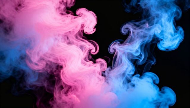 Swirling Magenta and Cyan Smoke Plumes Over Black Backdrop | Abstract Vapor Gradient