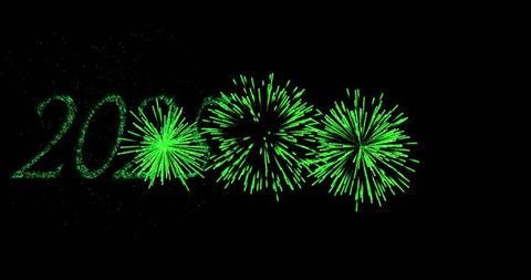 Neon green fireworks forming 20 and three emerald bursts celebrating new year