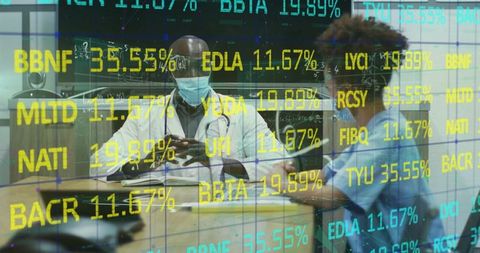 Doctors Analyzing Patient Data with Stock Market Overlay