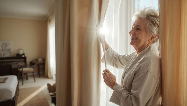 Senior woman opening curtains in sunlit bedroom smiling during peaceful morning routine