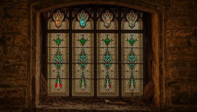 Ornate stained glass window in decaying building