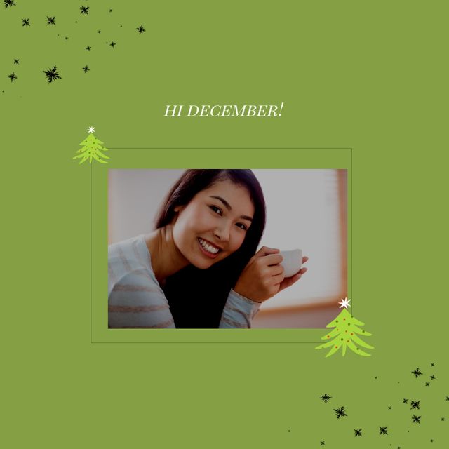 Composition of hi december text over biracial woman smiling. Winter and celebration concept digitally generated image.