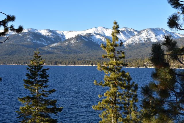 Beautiful scene features a tranquil lake with crystal-clear water, surrounded by pine trees and towering, snow-capped mountains in the background. Ideal for use in travel brochures, nature blogs, outdoor adventure magazines, and websites promoting outdoor activities or mountain vacations.