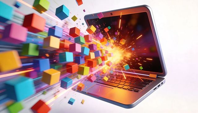 Launching silver-gray laptop projecting colorful 3d cubes in neon energy explosion