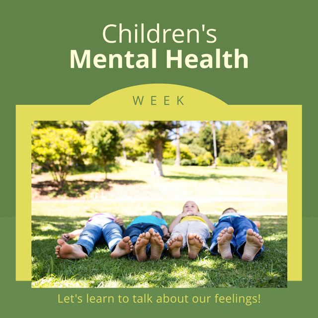 This stock image can be used for promoting children's mental health awareness campaigns, educational materials, blogs, and articles focused on children's well-being. It depicts children lying on the grass in the park, which indicates a relaxed and supportive environment. It is ideal for conveying themes of mental health, emotional support, and the importance of talking about feelings.