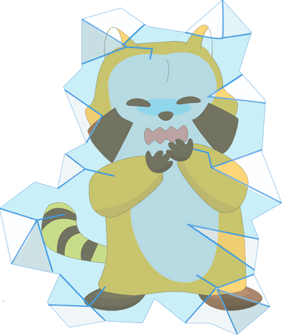 Cartoon raccoon trembling with jagged ice shards, transparent background art