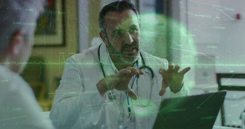 Physician explaining ar medical data with laptop visualization during patient consultation