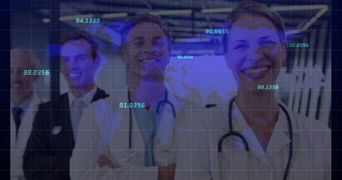 Doctors monitoring global health metrics with world map overlay