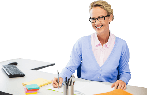 Smiling Teacher Writing on Notebook in Academic Setting Transparent Background - Download Free Stock Videos Pikwizard.com